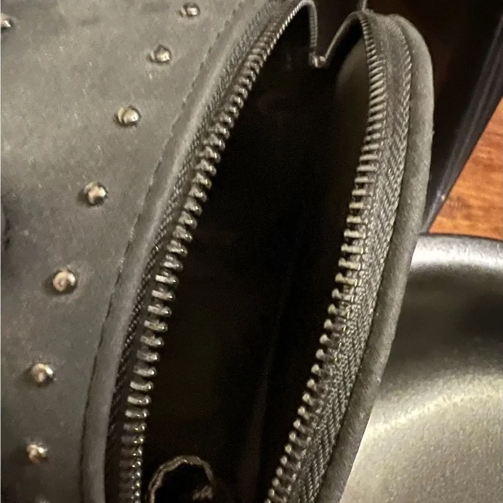 Engraved Studded round crossbody black bucket bag